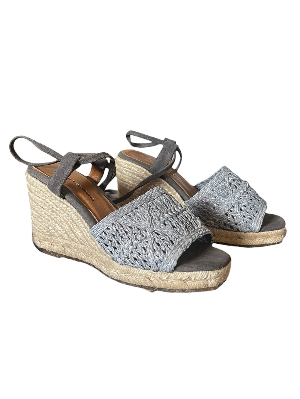 Anthropologie Women’s Blue Woven Lace Up Strappy Wedge Jute Sandals Heels 38 - Picture 10 of 10